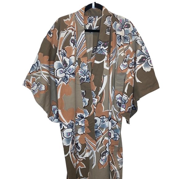 Vintage Other - Vintage Japanese Kimono Robe Floral Open Front Cotton Maxi Length Neutral Colors